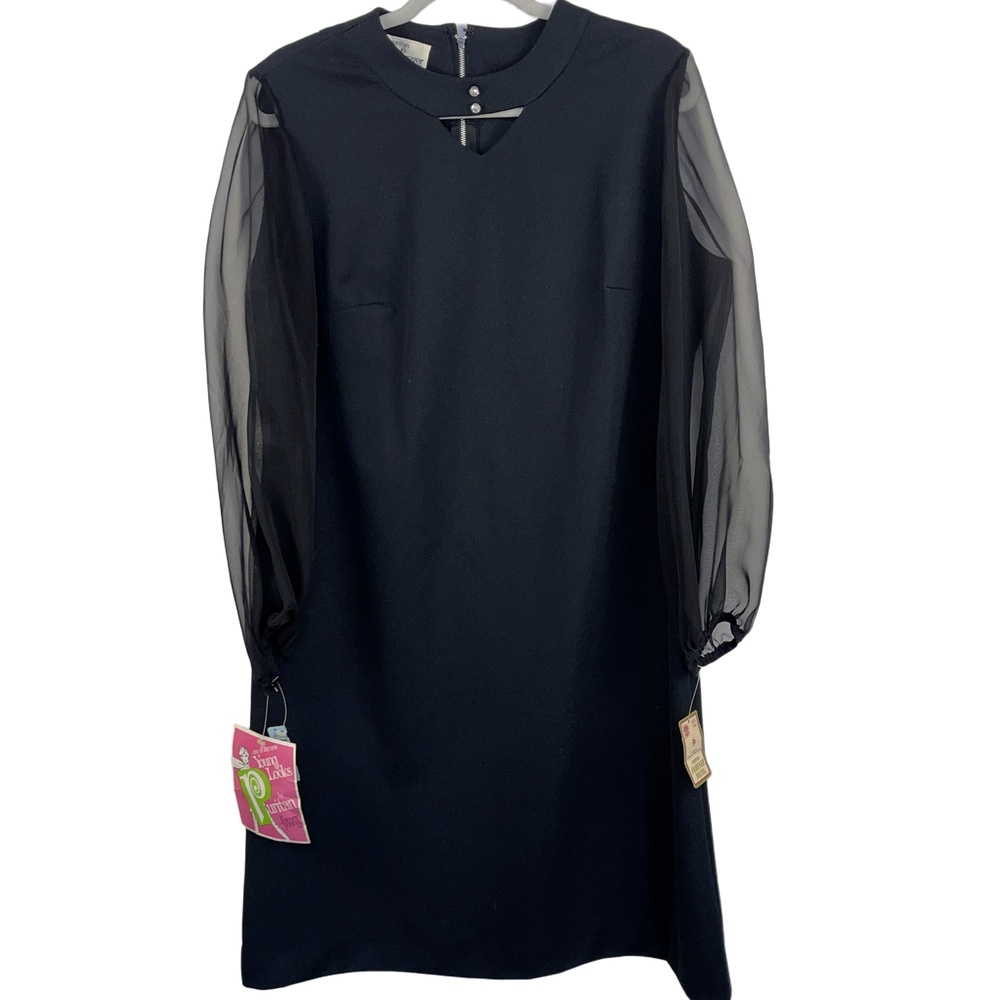 Puritan Forever Young Black Vintage Sheath Dress Sheer Sleeves Rhinestone Collar - Picture 1 of 13